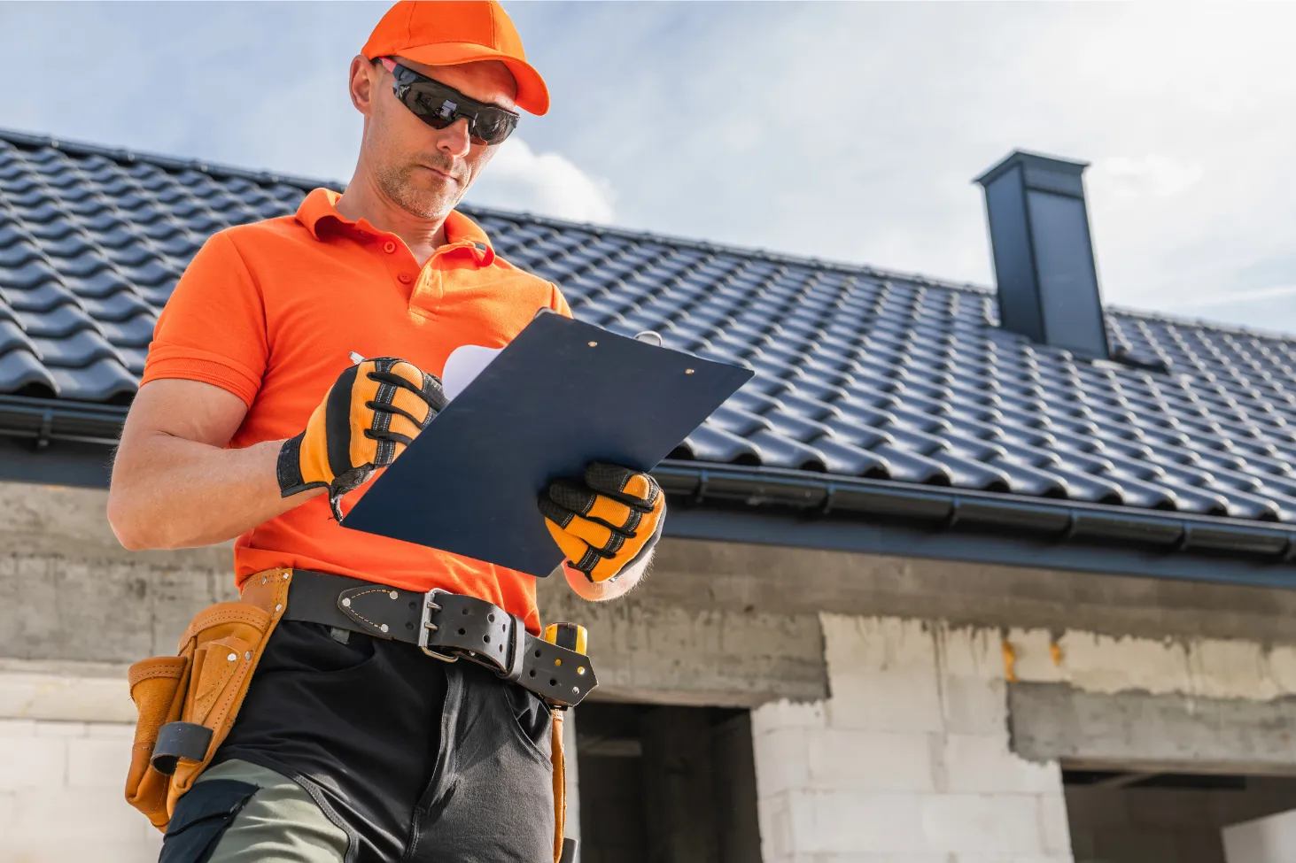 Roofing inspector documenting roof conditions during a residential roof inspection