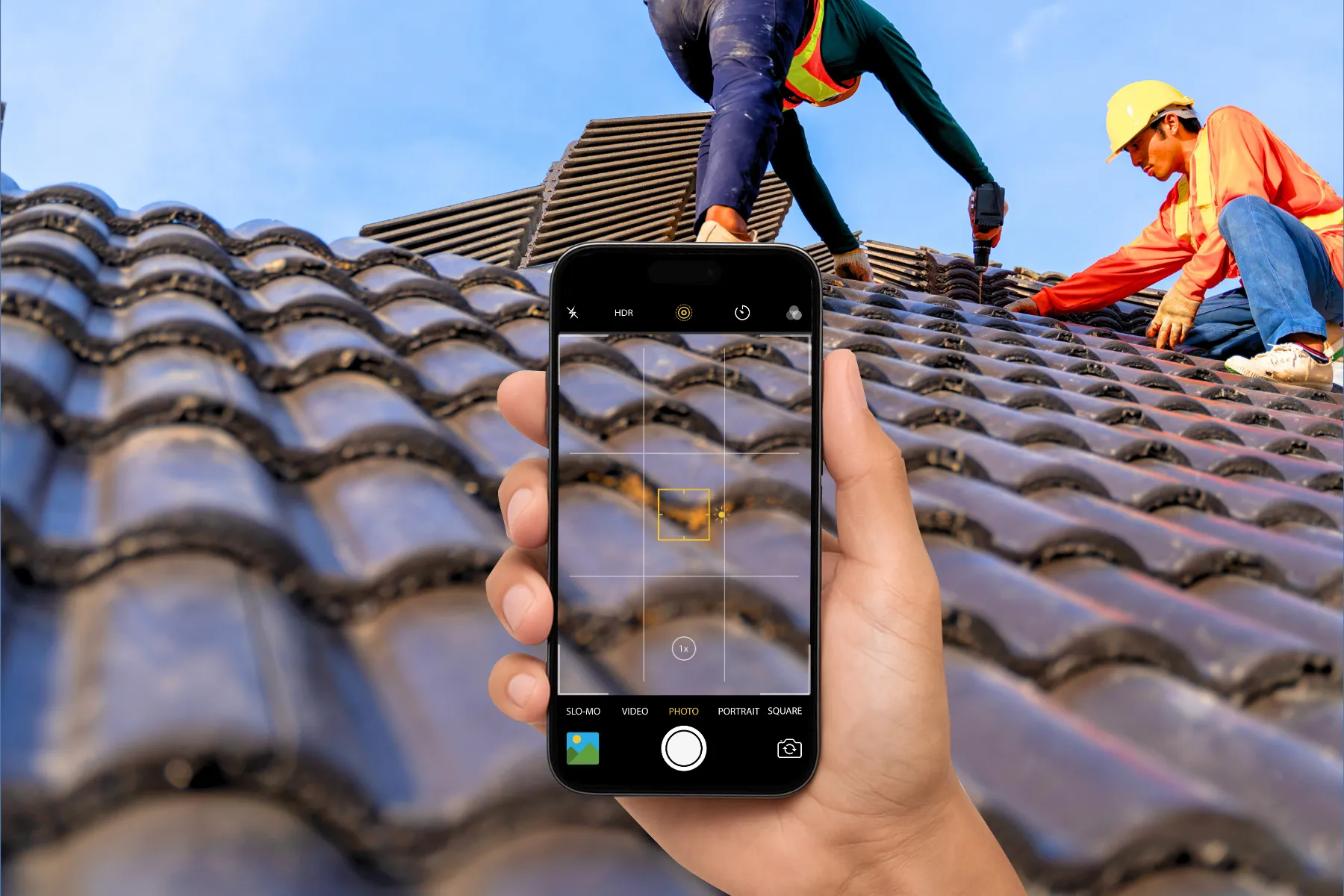 Technician using CompanyCam to document roof maintenance with digital photos during a scheduled inspection.