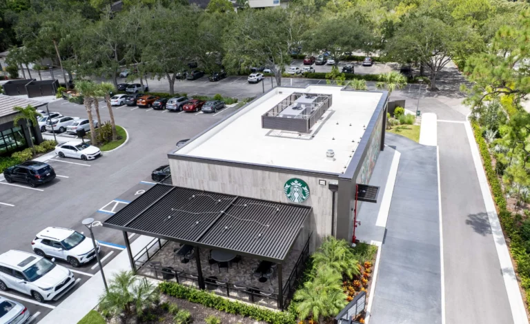 Aerial view of the completed Plaza Halstatt commercial roofing project