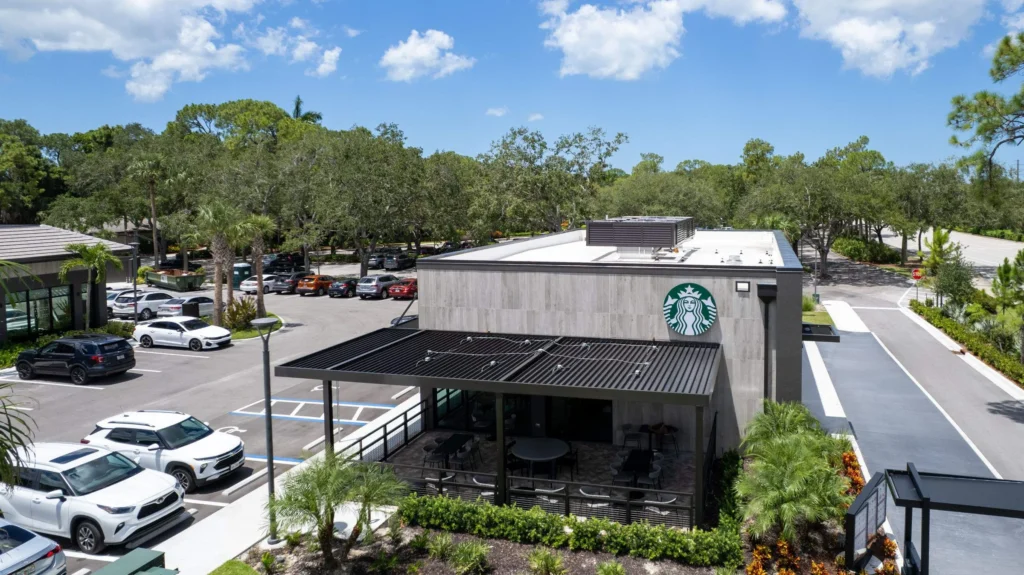 Plaza Halstatt retail building with completed concrete tile roofing