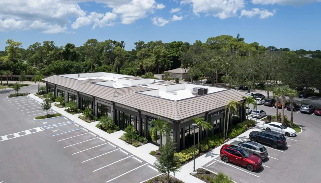 Exterior view of the Plaza Halstatt retail space and concrete tile roof