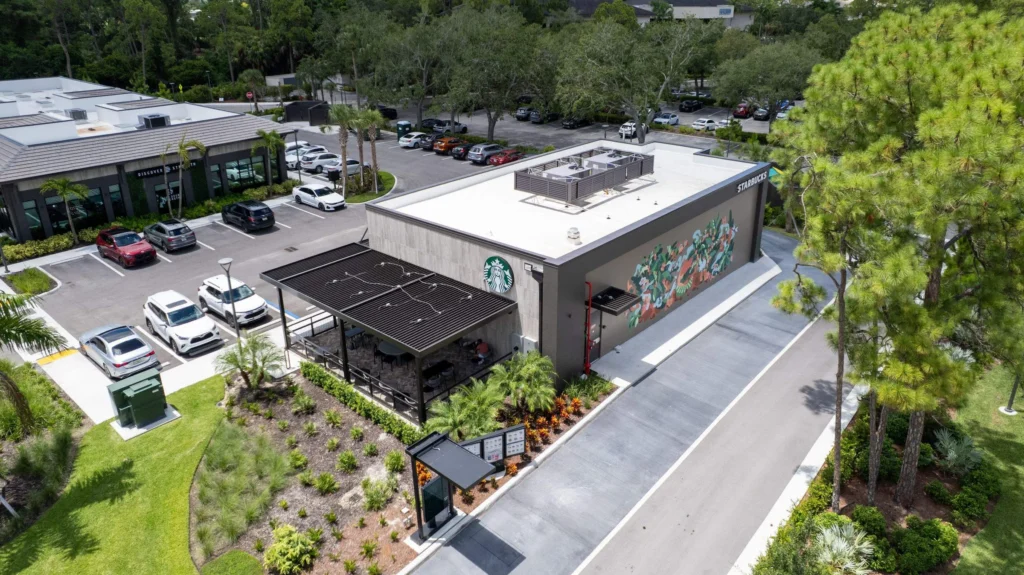 Aerial view of the Starbucks building and roof at Plaza Halstatt