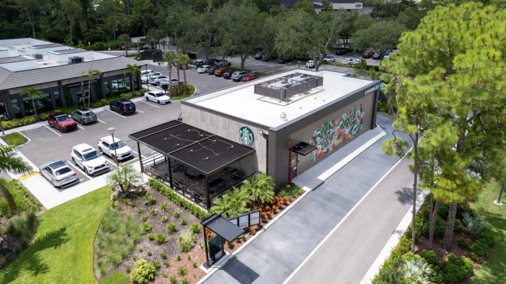 Aerial view showing the completed Starbucks commercial roof at Plaza Halstatt