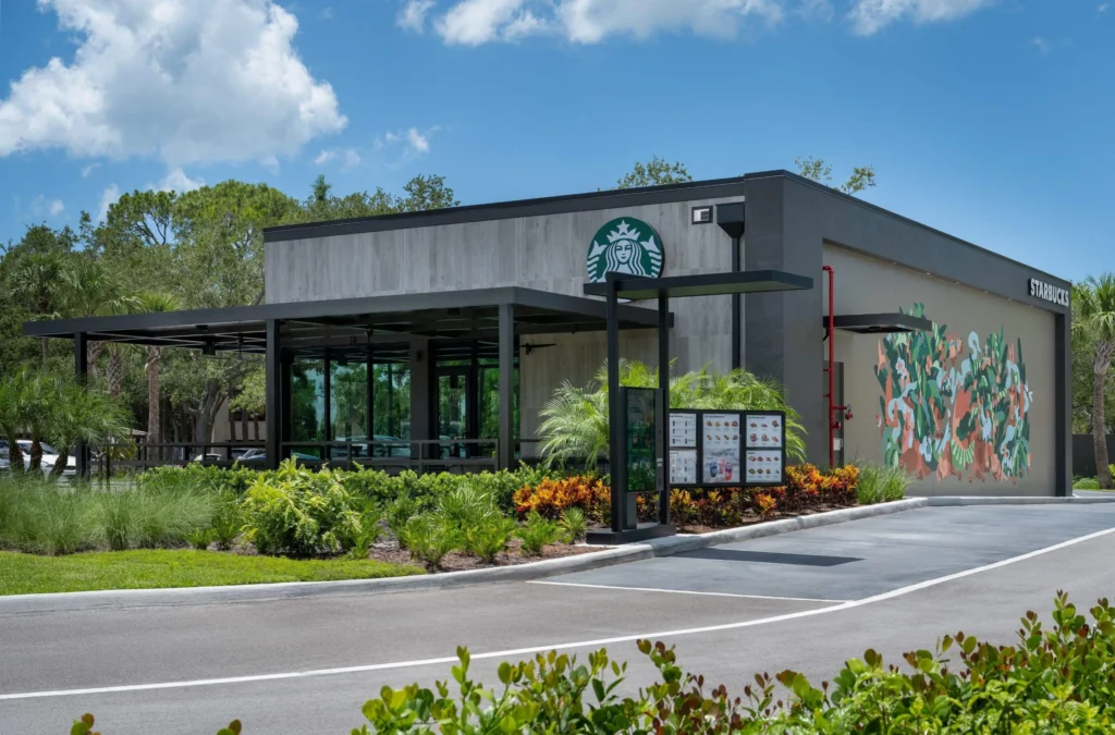 Exterior of the completed Starbucks building at Plaza Halstatt